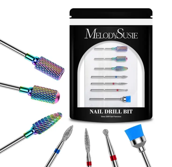 MelodySusie Nail Drill Bits Set, 7pcs Tungsten Carbide Diamond Nail Drill Bits for Acrylic Nails Poly Gel Cuticle Remove, 3/32'' Professional Nail Bits for Nail Drill Efile, Manicure Pedicure Tools