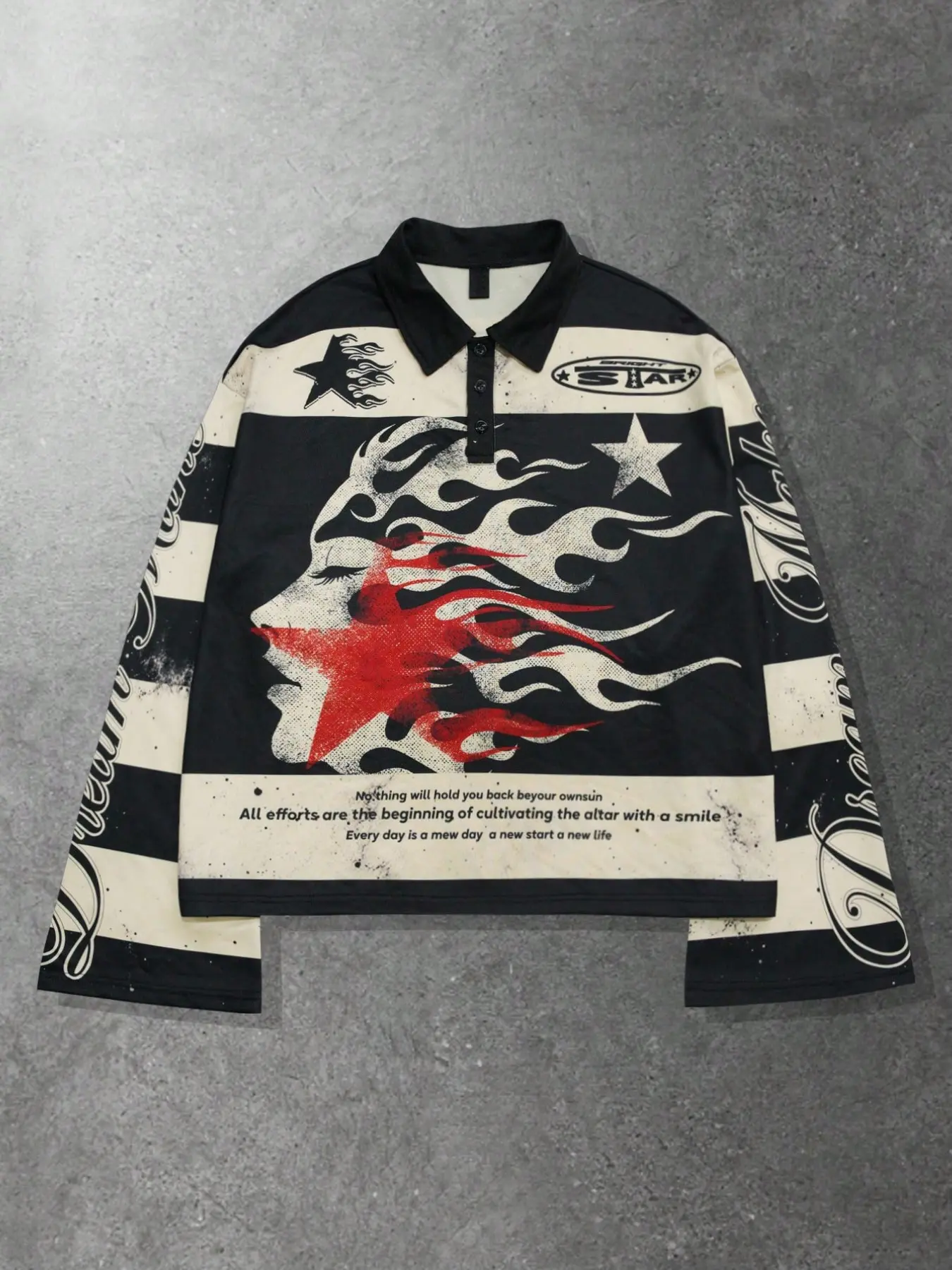 Trendy Street Style Long-Sleeve Graphic Print Polo Shirt, Colorblock Stripe with Flame Star Abstract Face, Loose-Fit Unisex Casual Top