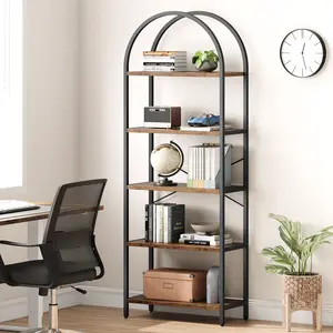 5-Tier Arched Bookcase – Tall Modern Bookshelf for Office, Bedroom, Living Room – Metal & Wood Construction, Open Storage, Large Standing Display Shelf – Contemporary Office Book Shelving
