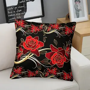 Black Red Rose Golden Line Throw Pillow With Insert, Luxury Vintage Floral Print. Plump Resilient and Skin-Friendly. Removable Washable Cover for Sofa Bedroom Home Decor.