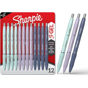 S-Gel Gel Pens, Medium Point 0.7mm, Assorted Fashion Barrels, Black Ink, 12 Count, No Smear No Bleed, Comfortable Grip, Office Teacher School Supplies