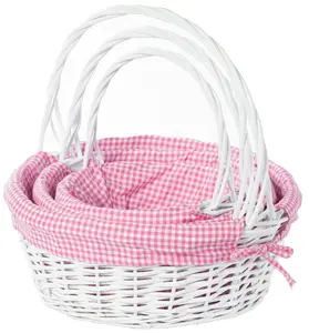 Vintiquewise QI004550PK.3 Multi-Size Round Shape Willow Weave Gift Basket Set of 3 - White, Pink and White Gingham Liner, Handles for Convenient Carry, Indoor/Outdoor Kitchen Decorative Organiser, Stackable Storage Bins, Three Sizes
