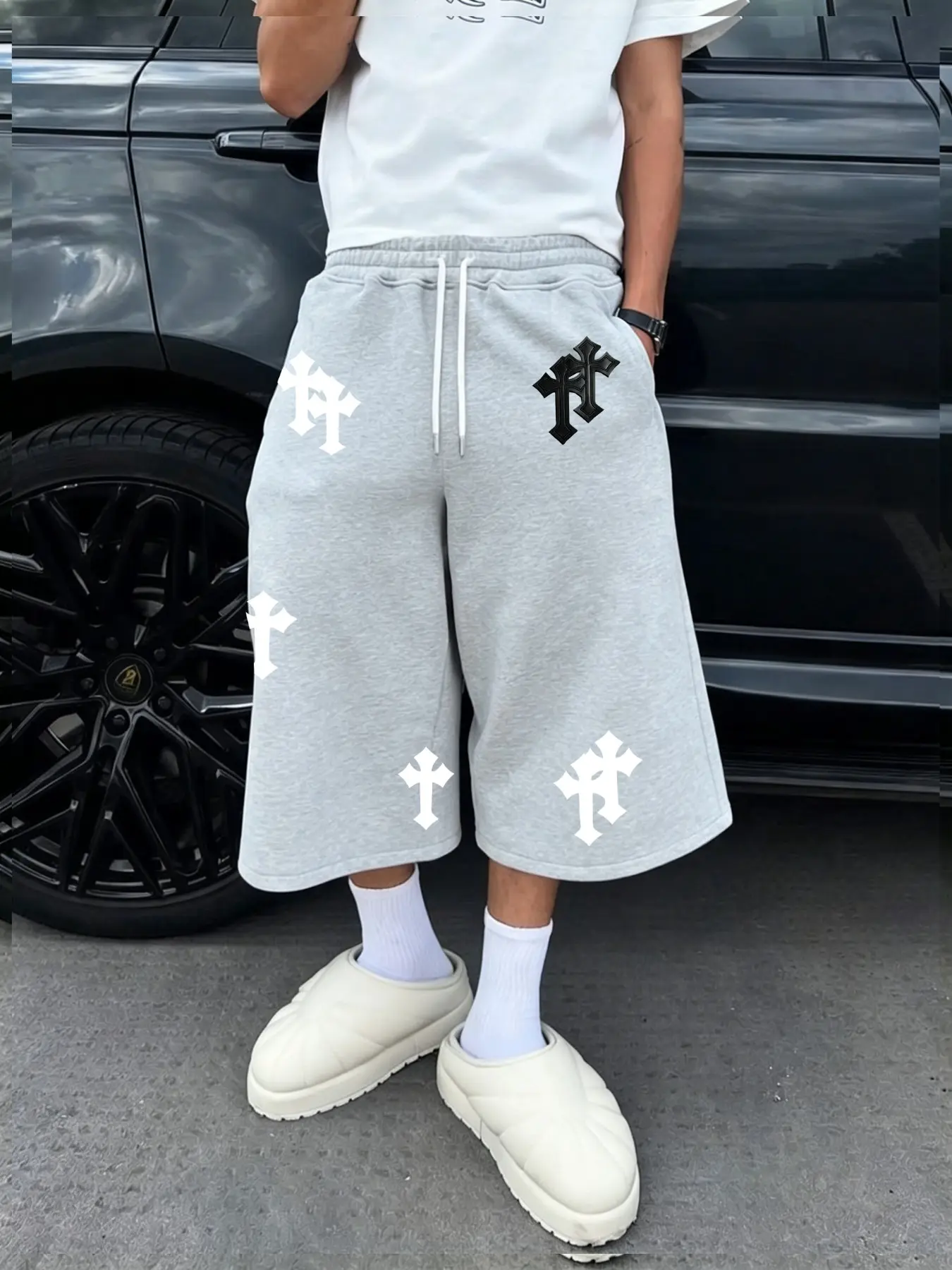 Unisex Cross Print Three-Quarter Pants, Casual Streetwear, Comfortable Stretch Fabric, Loose-Fit, Stretchy, Five Sizes Available