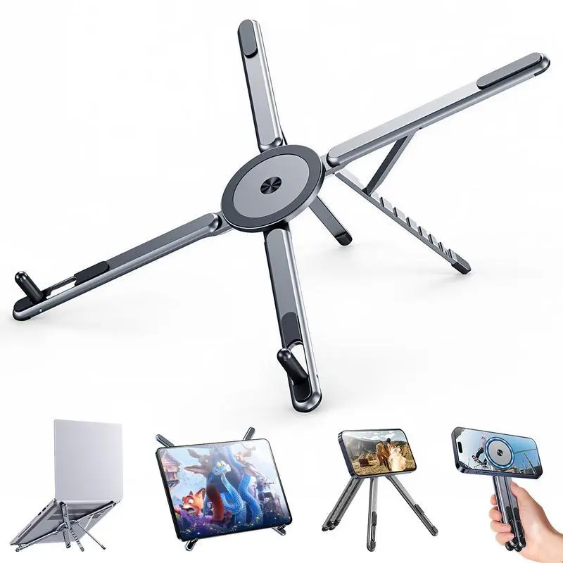 Aluminum 3-in-1 Foldable Portable Adjustable Holder Tablet Stands & Bases - Lightweight Magnetic Multi-Device Stand with N52 Magnet, Height-Adjustable, Ventilation for Cooling, Optimal Heat Dissipation for Home Office Use
