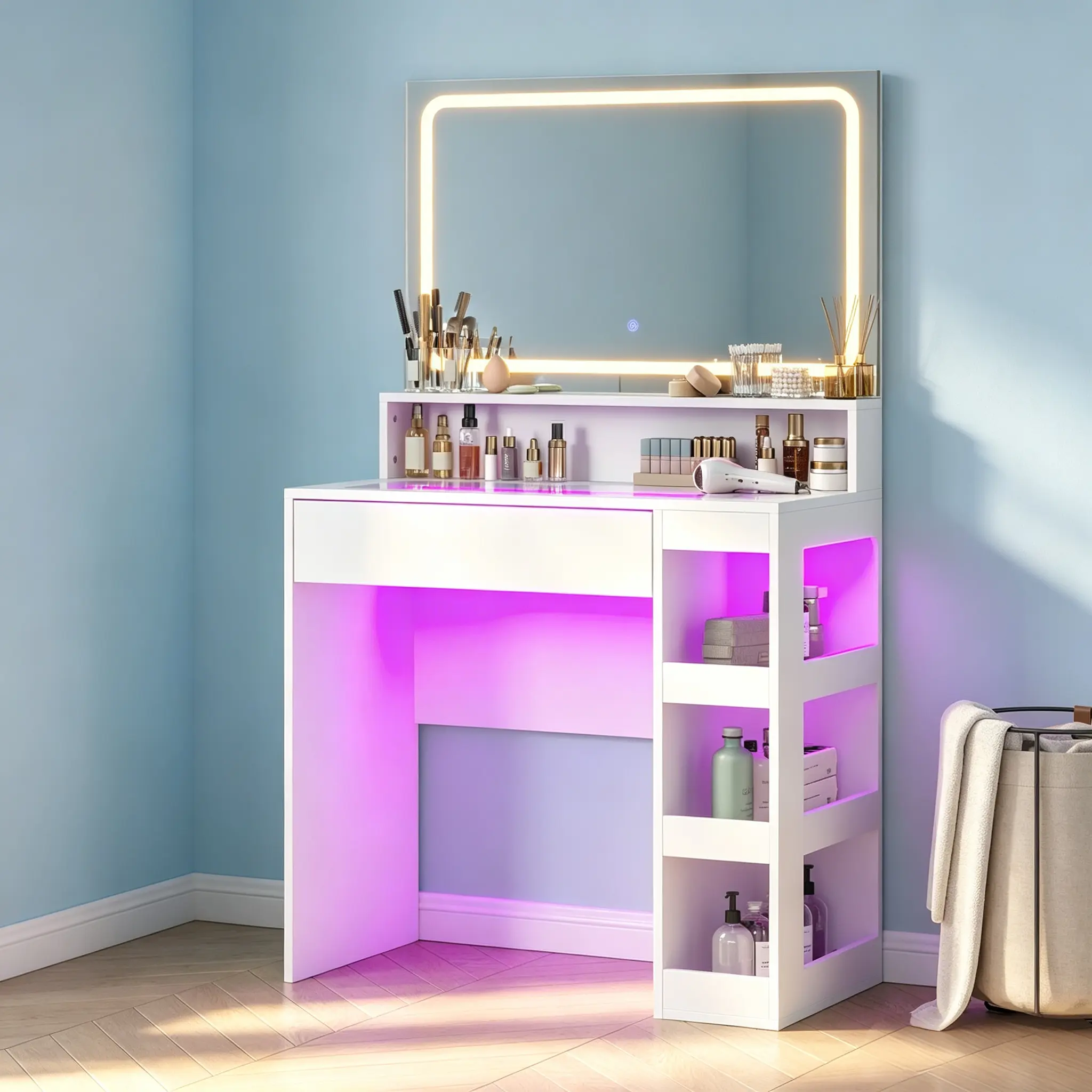 CollaredEagle LED Lighted Makeup Vanity Set with Dual Mirrors, RGB Lighting, Transparent Glass Top, Storage Shelves, Power Outlet & Hair Dryer Holder, Modern Vanity Table for Bathroom Decor