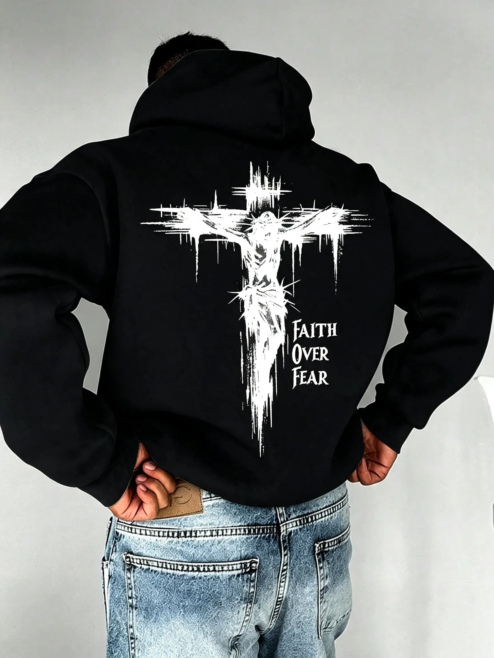 Christian hoodie, "Faith Over Fear" Jesus cross back graphic, pullover hoodie, oversized fit, men and women, grunge faith streetwear Black Cargo