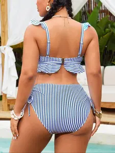 Plus Size Striped Print Two-Piece Swimsuit Set, Vacation Beach Spa Sexy Bodycon Swimwear, Summer Curvy Bikini, Fashionable Unique Design, Back Bikini Set