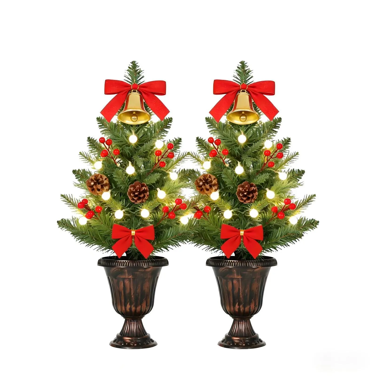 2 Pack Tabletop Christmas Trees, 24 Inch Artificial Small Christmas Trees with Pine Cones & Red Berries, Mini Xmas Tree for Home Table Windowsill Office Desk Mantel Decorations