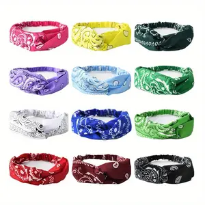 Women's Cashew Flower Print Elastic Knotted Crossover Headband, Fashion Polyester Unisex Headband