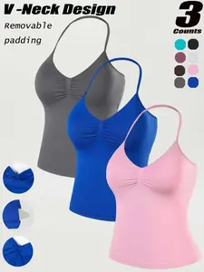 Solid Color Halter V-Neck Backless Braided Top, High Elasticity Skin-Friendly Seamless Shaping Innerwear, Yoga Fitness Running Pilates Lightweight Unrestrictive Running Shaping Sporty Vest