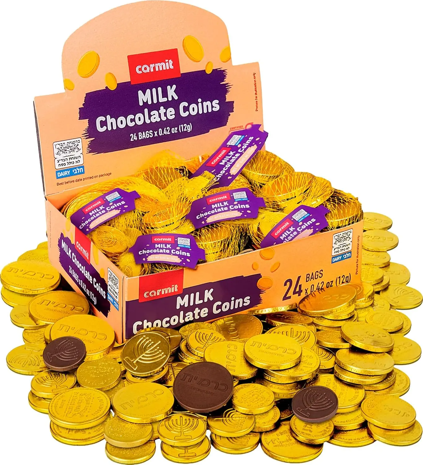 Carmit Gold Real Milk Chocolate Coins Snack - 24 Mesh Bags, Individually Wrapped Menora-Embossed Hanukkah Gelt, Gluten Free, Kosher Chalav Yisroel, Cocoa-Based, Ambient, Mesh Bag Freshness, 60 Cal/Coin, Dreidel Game & Holiday Favors, Whole Milk Powder