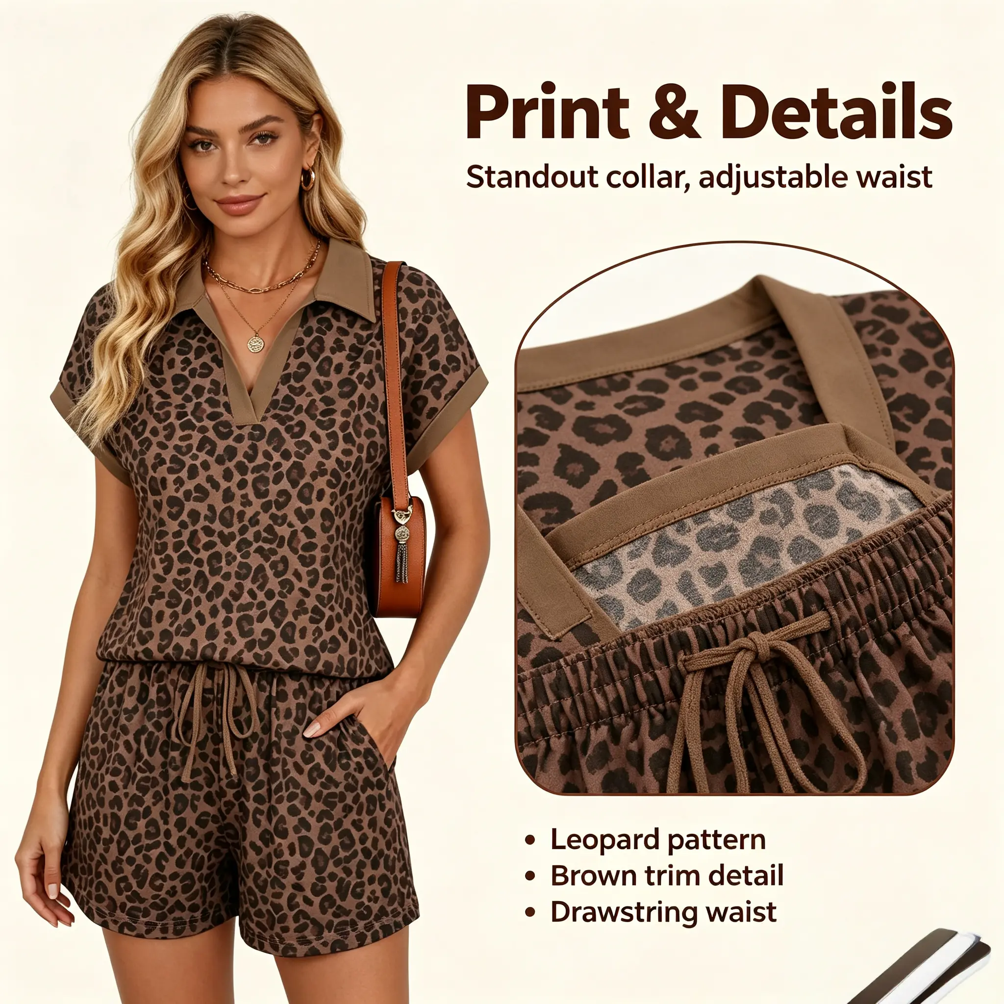Women's 2-Piece Vintage Plaid Short-Sleeve Polo Shirt & Leopard-Print Drawstring Shorts Set - Contrast Collar, Cuffed, Sexy, Fashion, Basic Khaki Shirt 2 piece sets matching sets for women