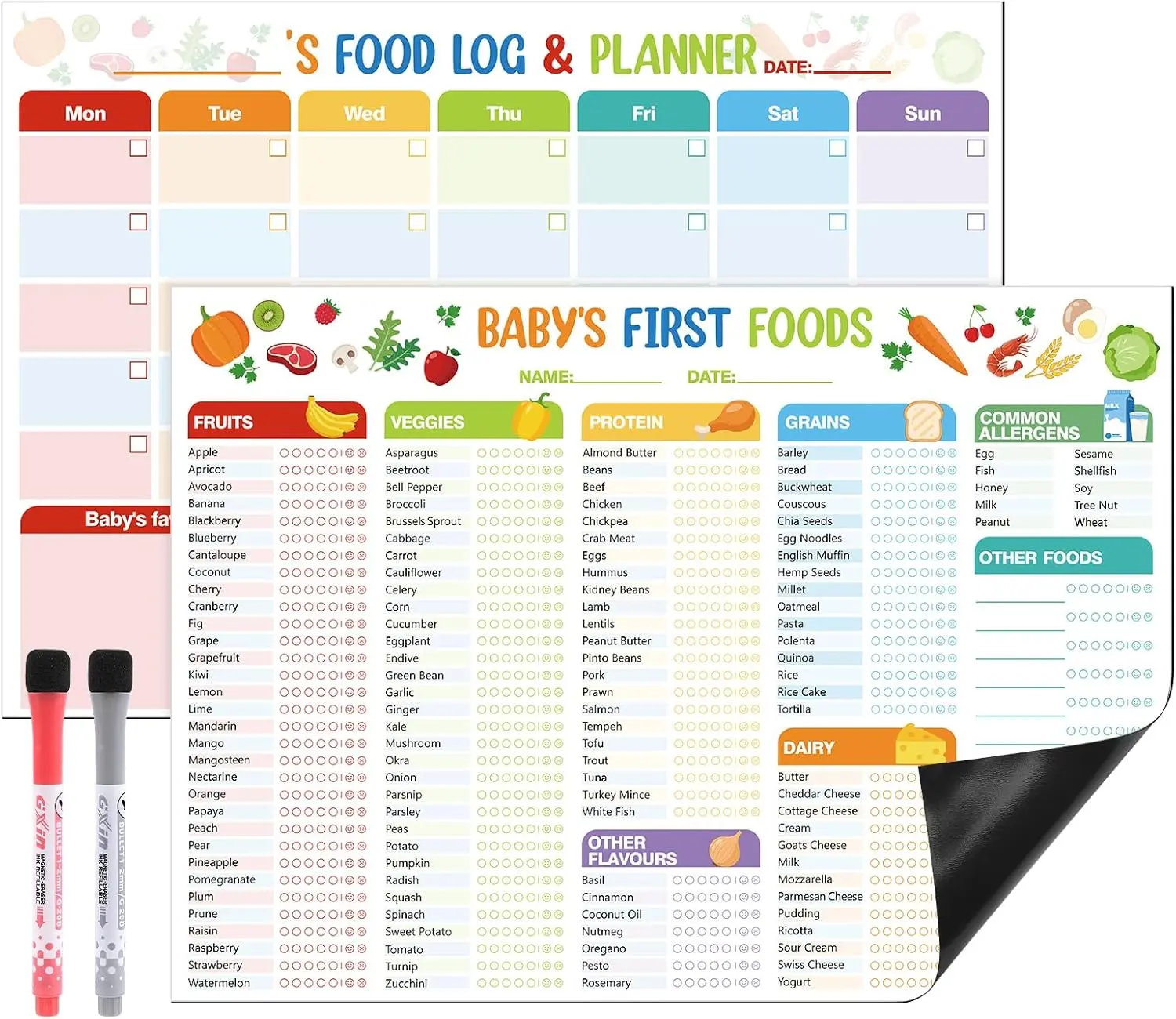 2 Pack Baby First Food Checklist Magnet with 2 Dry Erase Markers– 101 Foods Before 1 Chart, Baby Led Weaning Supplies, Dry Erase Fridge Tracker, Daily Food Log & Meal Planner, Nutrition Poster