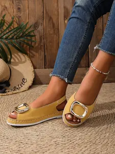 Women's Open Toe Sandals with Metal Buckle Decoration, Soft Sole Comfortable Daily Wear, Back Strap Design, Versatile Flat Shoes, Comfy Sandals