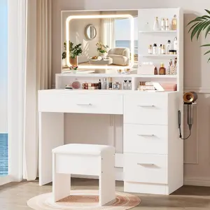 Space-Saving Vanity Table with LED Mirror & Storage Cabinet – All-in-One Beauty StationMakeup Vanity Desk, Makeup Dresser, Stool