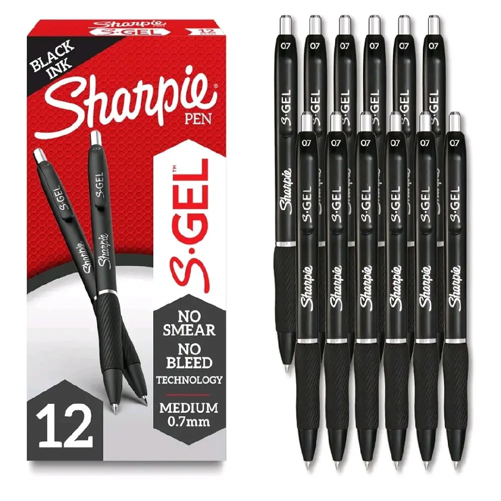 Sharpie S-Gel Gel Pens, Black Barrel, Medium Point (0.7mm), Black Gel Ink Pens, 12 Count - Home, Office, School, Journaling, Writing, Note-Taking, Teacher Supplies