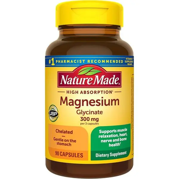 Nature Made Magnesium Glycinate 300 mg per 3 Capsules, 90 Capsules | High Absorption Magnesium Supplement for Muscle, Heart and Bone Support, Magnesium Bisglycinate Capsules, 30 Day Supply