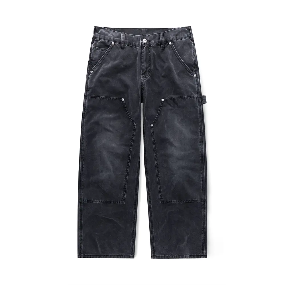 Carpenter Wide Leg Baggy Jeans, Vintage Black Faded Wash, Double Knee Patch Panel, Metal Rivet Details, Hammer Loop Side Strap, Heavy Duty Workwear Denim, Y2K Grunge Streetwear, Skate Punk Retro Casual Bottoms