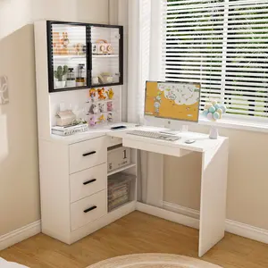 Computer Desk with Glass Cabinets & Built-In LED Lights, Gaming Desk with Drawers, Corner L-Shaped Office Desk with USB Charging Ports, Keyboard Tray, Ergonomic Design for Home and Corporate Workspaces (White)