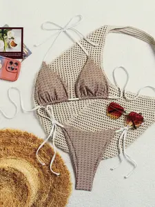 Women's Summer Beach Full Print Halter Tie Sexy Bikini Set, Backless Knot Triangle Top, Side Strap Thong, High Stretch Boho Ethnic Influence Swimwear Swimsuit Set, Swimsuit For Beach