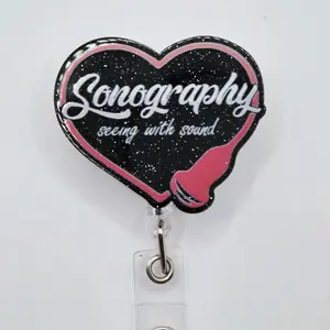 Sonography Glitter Heart Seeing with Sound Acrylic Retractable Badge ID Reel Belt or Alligator Clip Perfect for Sonographers and Future Sonographers