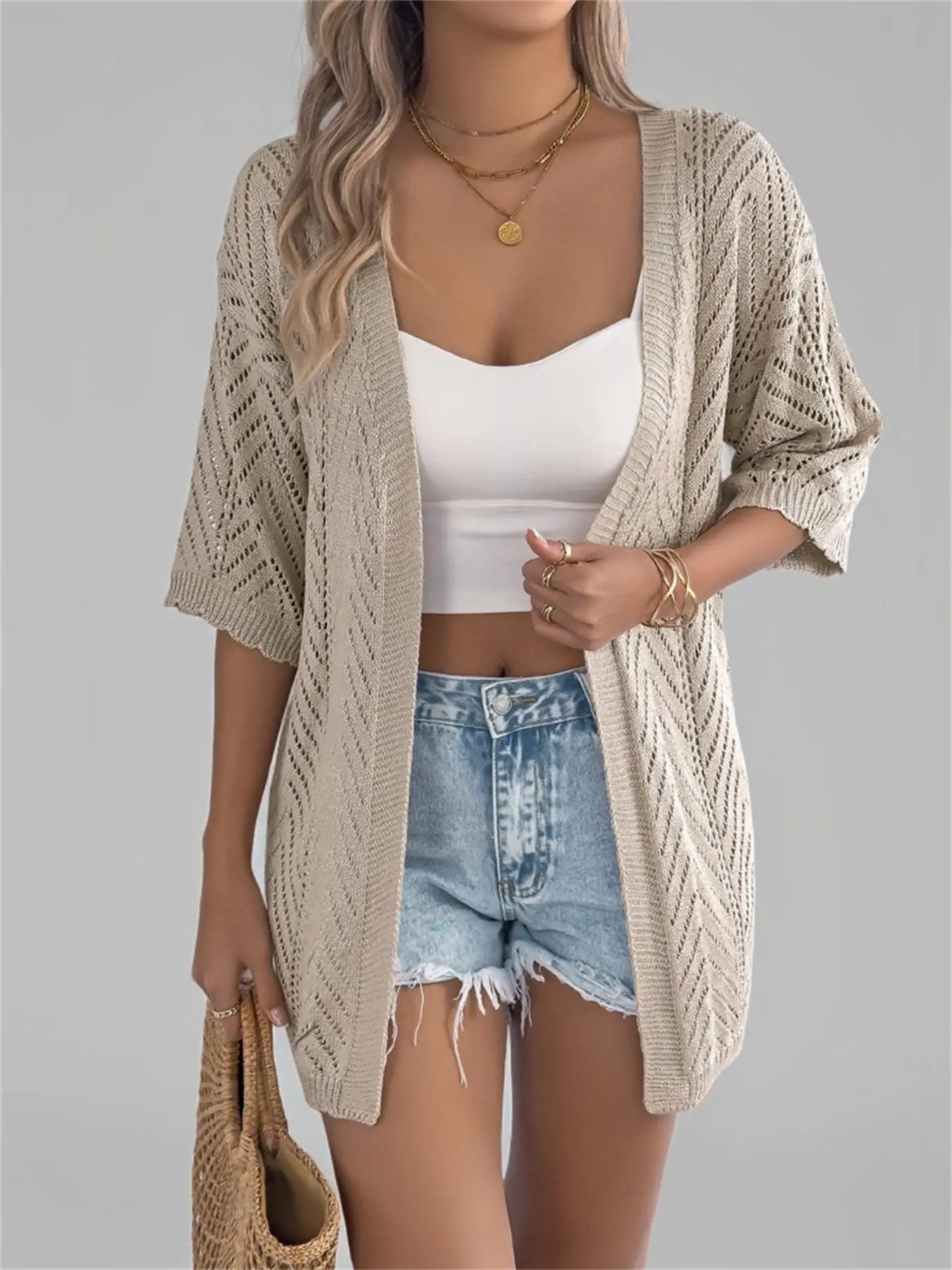 Women's Plain Hollow Out Open Front Knit Cardigan, Soft Casual Summer Beach Knitwear for Daily Wear