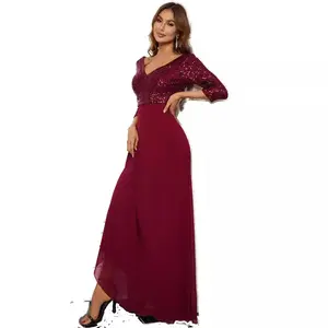 Burgundy Sequin Lace Women’s Evening Dress – 3/4 Sleeve Deep V-Neck Chiffon Maxi Gown for Formal Weddings (Wedding Guest), Mother of the Bride, Galas