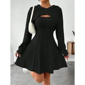 Solid Color Ribbed Dress Set for Women - Long Sleeve Hoodie, Shrug Top & Sleeveless A-line Tank Dress, Casual Elegant Black Chic Outfits - Comfort Womenswear Summer