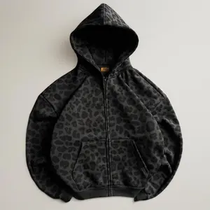 Fashion Zipper Hoodie Leopard Print Sweatshirt Streetwear Retro Dark Slim Fit Unisex Loose Fit