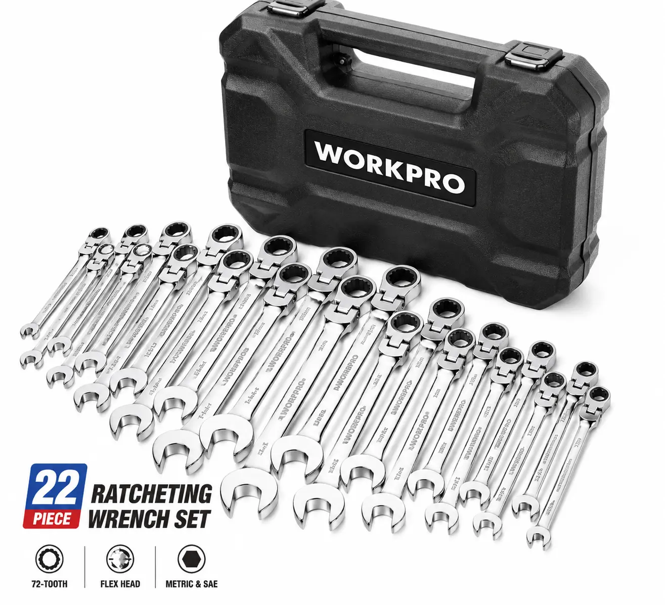 【WORKPRO】 22-Piece Swivel-Head Ratchet Wrench Set (SAE & Metric) – Includes 72-Tooth 180° Swivel-Head Wrenches and Storage Case; Made of CR-V Steel; Suitable for Professional Automotive Repair and DIY Projects. sohochic