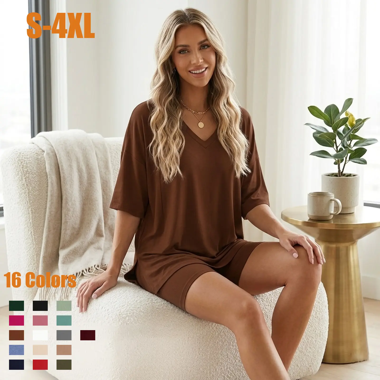 2 Piece Lounge Set for Women Oversized V Neck Short Sleeve Tee and Biker Shorts Pajama Set Comfy Sleepwear Summer Outfits S-4XL
