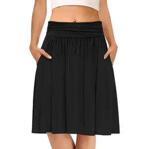 Women's Midi Skirts High Waist Pleated Flowy Swing Knee Length Skirt with Pockets