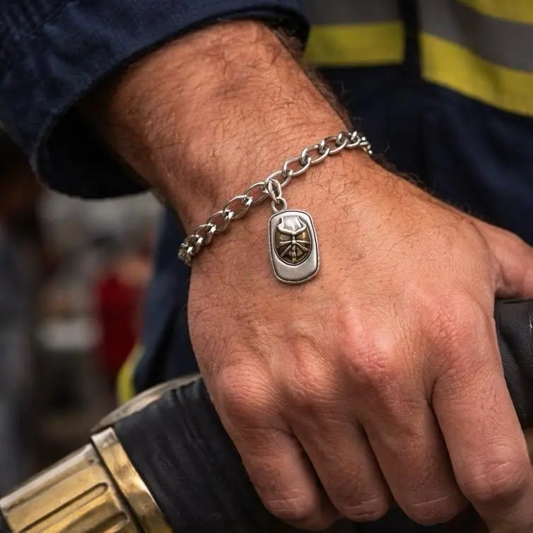 Hard Hat Gift Bracelet for Firefighters with Silver Chain and Firefighter Symbol Charm