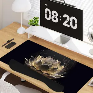 4 - in - 1 Golden Lotus Large Gaming Mouse Pad + Keyboard Wrist Rest + Mouse Pad with Wrist Support + Coaster Set with Ergonomic Design for Home Office Table Computer, Rubber Base Mousepad with Stitched Edges, Easy Typing Pain Relief
