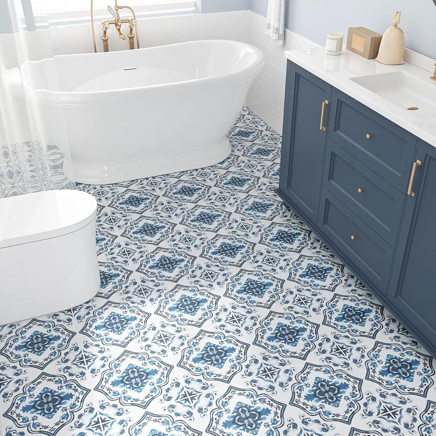 VEELIKE Blue Mediterranean Peel and Stick Vinyl Flooring Roll Waterproof Blue and White Moroccan Vinyl Floor Tiles 12'' x 59'' Self Adhesive Heavy Duty Linoleum Flooring Sheet for Kitchen Bathroom RV