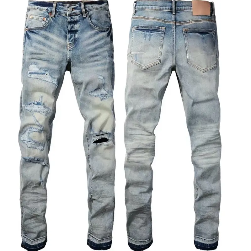 Men's Ripped Stretch Jeans Casual Comfort Holes Fashionable Straight Skinny Slim Fit Denim Pants for Menswear Trendy Beige Pocket Trouser Streetwear Plain