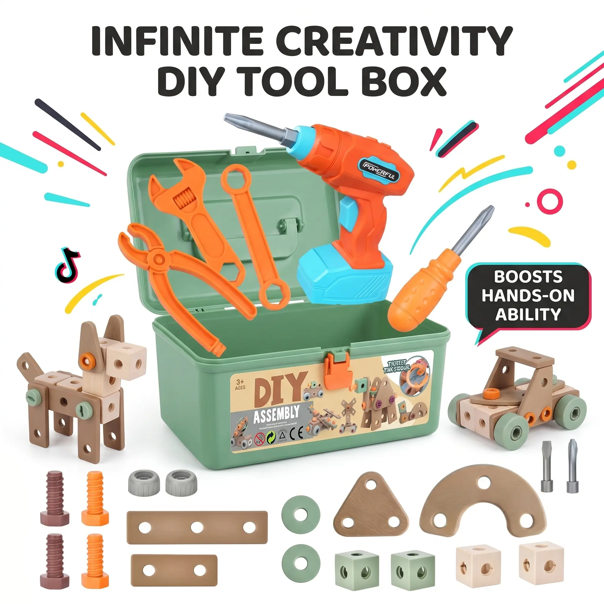 124Pcs Kids' Tool Set with Electric Drill & Toolbox, STEM Montessori Pretend Play Construction Toy for Toddlers Ages 3-5