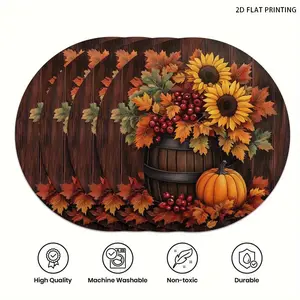 2D flat printing, 2-piece/4-piece 6-piece set, Thanksgiving autumn themed circular placemat, pumpkin sunflower maple leaf wooden barrel pattern, suitable for daily holiday kitchen banquet party table decoration, vacation placemat, hotel use