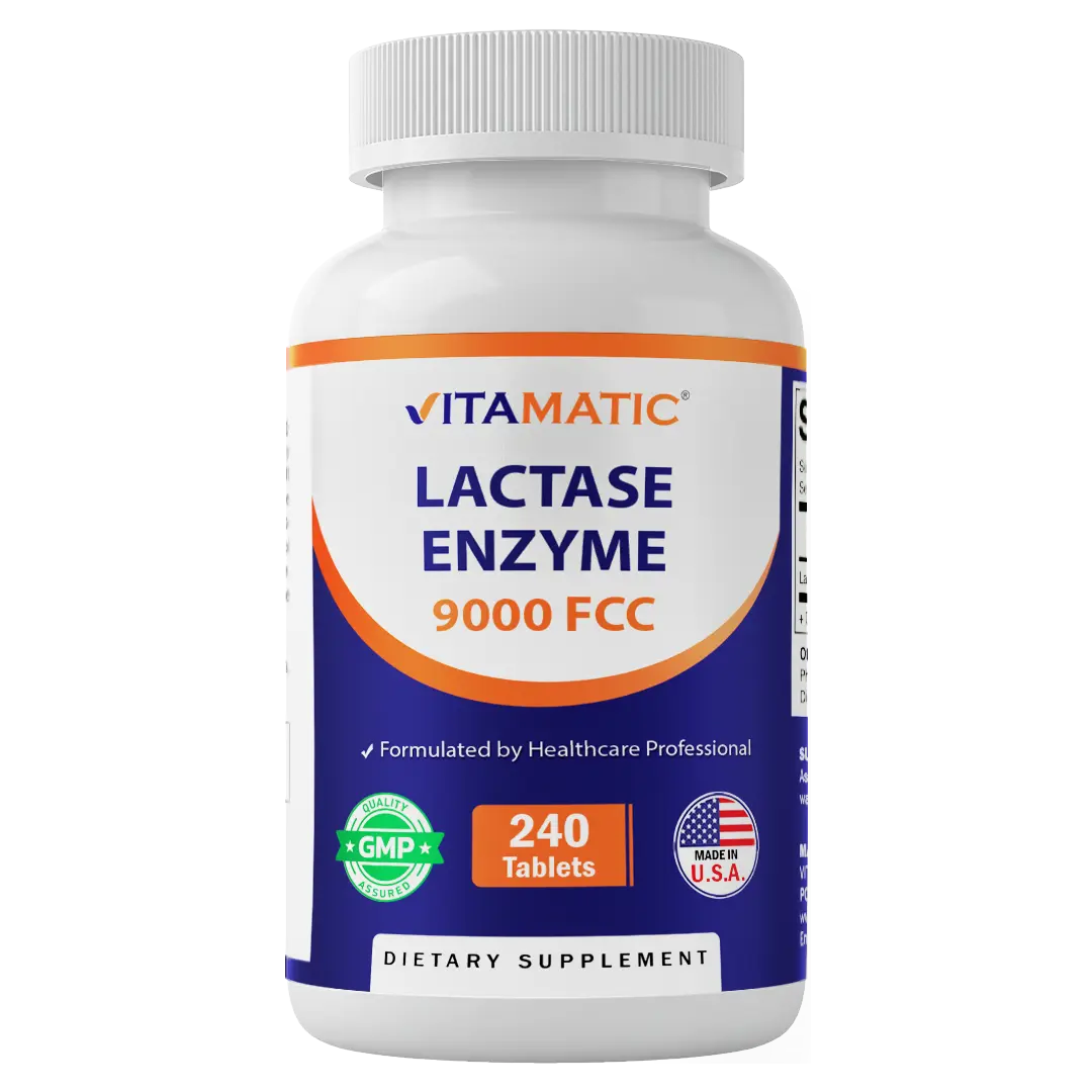 Vitamatic Lactase Enzyme Dietary Supplement Caplets - 9000 FCC, 240 Gluten-Free Tablets, US-Made, Non-GMO, Unflavored, 24-Month Shelf Life, Healthier Choice, for Lactose Intolerance Relief