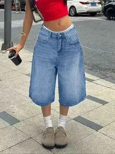 Women's Vintage Washed Blue Distressed Loose Fit Denim Shorts, Casual Button Fly Jean Shorts, Comfortable All-Season Wear, Womenswear