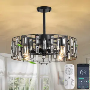 Garwarm Crystal 19.6in Caged Ceiling Fan with Light, Black Flush Mount Ceiling Fans, Industrial Farmhouse Ceilingfan with Remote for Kitchen, Bedroom