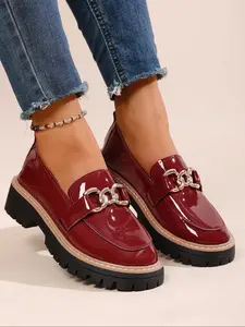 Women's Loafers - 2025 New Style for Spring & Autumn, with Metal Buckle, Patent Leather, British Style Leather Flat Casual Shoes, Chain Decorated Loafers