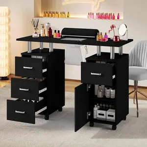 Professional Nail Desk with Electric Dust Collector, Nail Technician Table for Salon and Home Use, 4-Drawer Storage Cabinet, Lockable Casters and Armrest