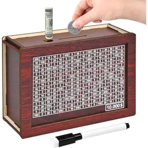 10000 Savings Challenge Box, Wooden Money Saving Piggy Bank for Adults Kids, Reusable, Targets 10k