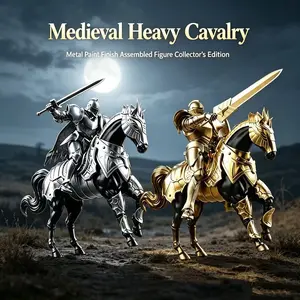 Self-Assembly Medieval Heavy Armor Cavalry Set, Action Figure, Gold and Silver Color Knights, Epic Battlefield Atmosphere, Desktop Collectible Figurines