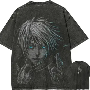 Men's Jujutsu Kaisen Gojo Satoru 6 Eyes Cotton Tshirt - Vintage Washed Oversized Retro Anime Harajuku Crew Neck Short-Sleeve Distressed All-Seasons Figure Menswear Streetwear Top