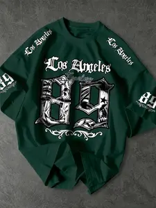 Los Angeles Print Short Sleeve T-Shirt, Gothic Street Style, Fashion Streetwear, Fitted Drop Shoulder Design, Casual Summer Top for Men