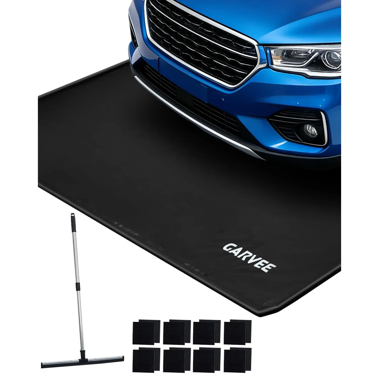 Garage Floor Mat Waterproof Containment Mat with 1.2" Raised Edge, Heavy Duty 1000D PVC Non-Slip Under Car Mat for Snow Rain Mud, Includes Squeegee & 8 Hook-and-Loop Fasteners,7'9" x 16',Black