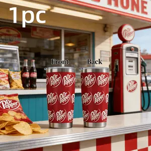 1pc 20oz Dr Pepper stainless steel insulated cup Drinkware with full printing. Features classic soda logo print. Portable water cup for car use. Retro and personalized cup. Suitable for home, office, and outdoor camping. Stainless Steel Tumbler