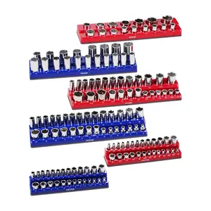 fathersdaygift VEVOR Magnetic Socket Organizer Set, 6PCS Socket Holder, 1/4'', 3/8'' 1/2'' Metric SAE Socket Trays with Clear Labels, Hold up to 143PCS Standard Deep Sockets, Blue Red (Sockets Not Included)